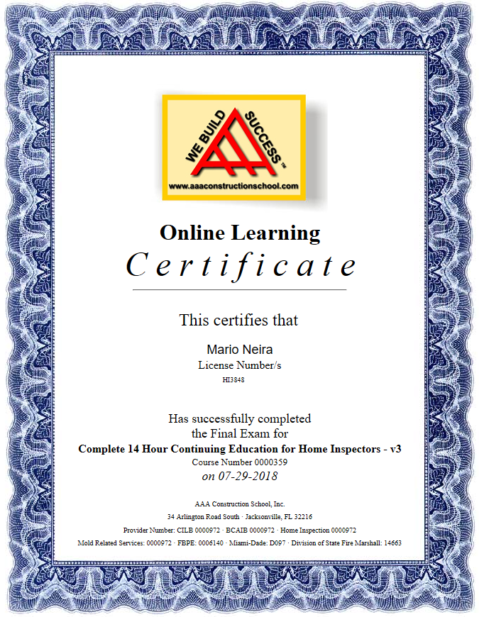 2018 Continuing Education Certificate