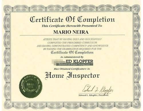 Home Inspection Ed Klopfer Certification